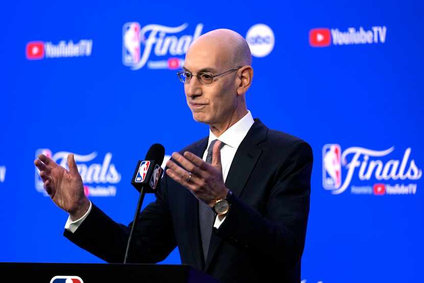 NBA Commissioner Adam Silver talks to reporters before Game 1 of basketball's NBA Finals...
