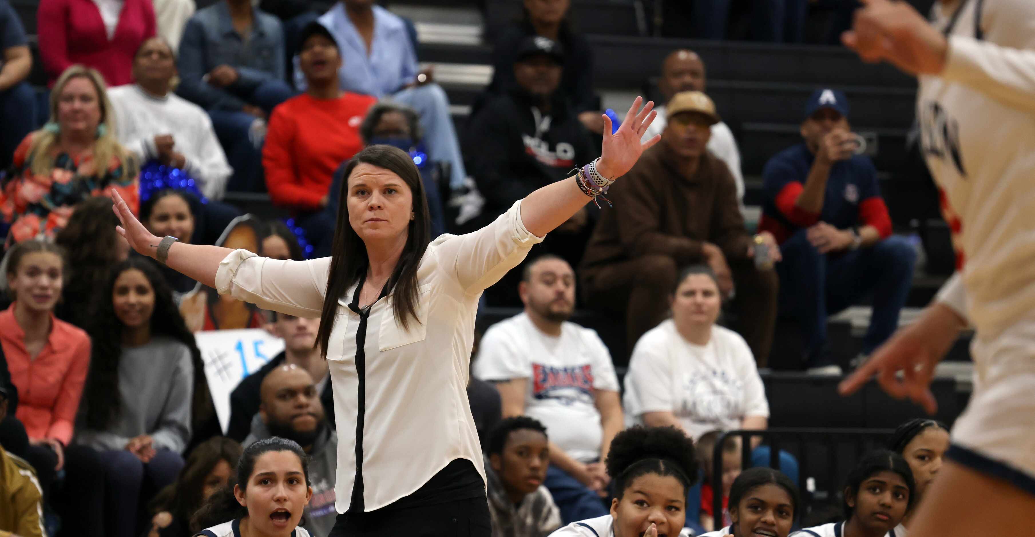 Allen head coach Stephanie Shaw directs her players during second quarter action against...