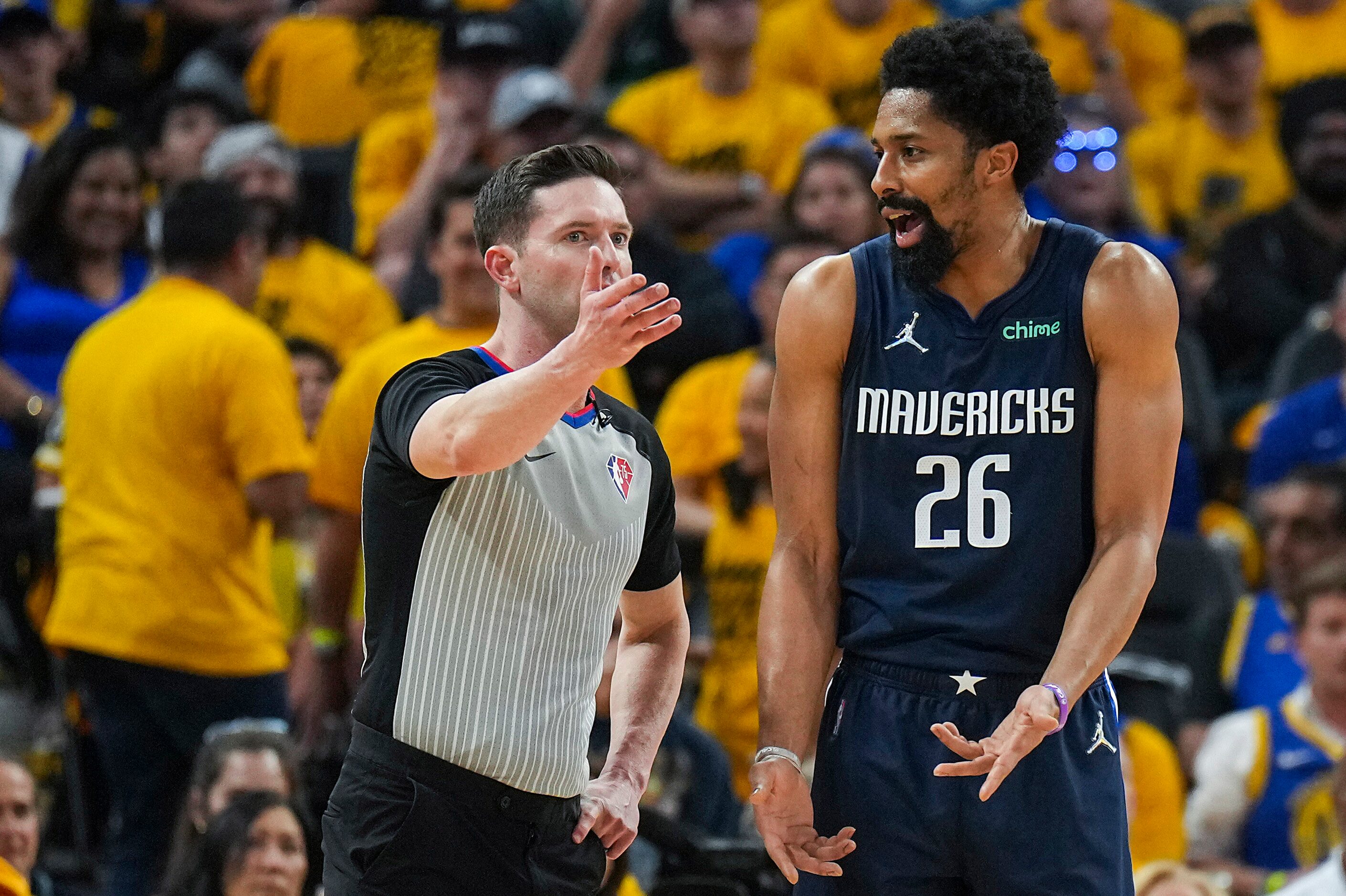 Dallas Mavericks guard Spencer Dinwiddie (26) argues for a call  during the second quarter...