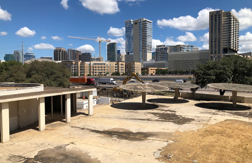 The pool deck of the Cabana Hotel faces downtown and Victory Park.