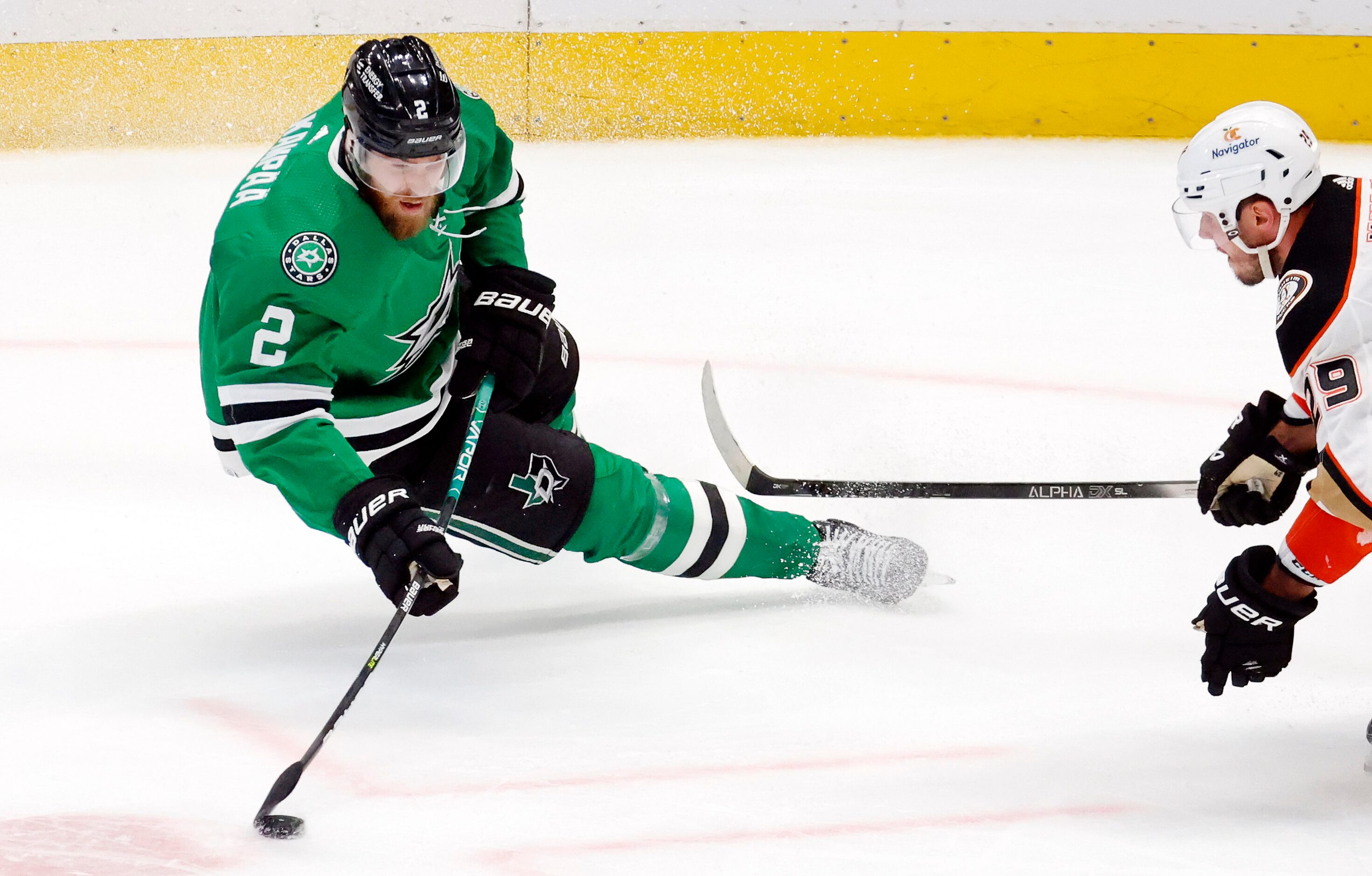 Dallas Stars defenseman Jani Hakanpää (2) looses his edge as he tries to shoot against...