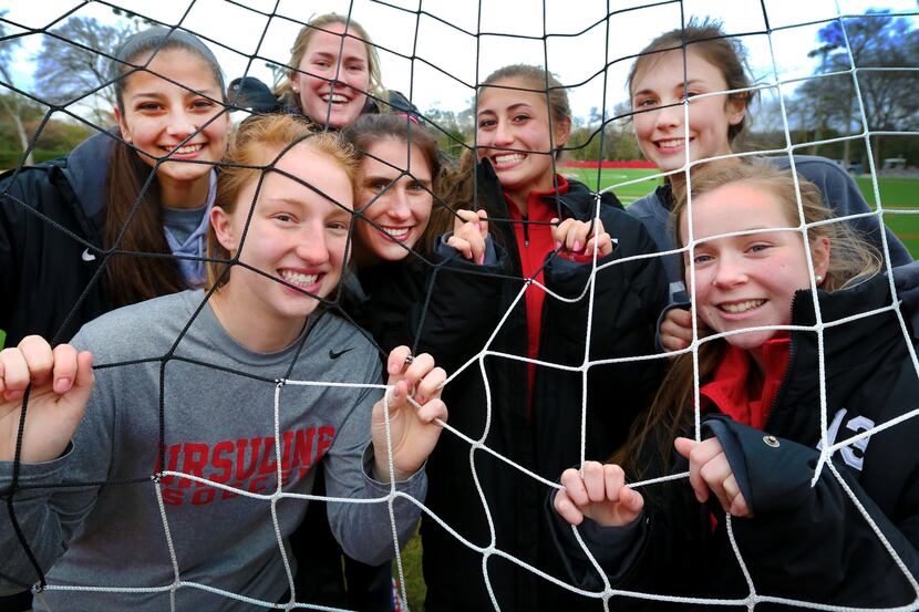The Ursuline girls soccer team is shown, (from left) Isabel Trevino, Catherine Gasper, Katie...
