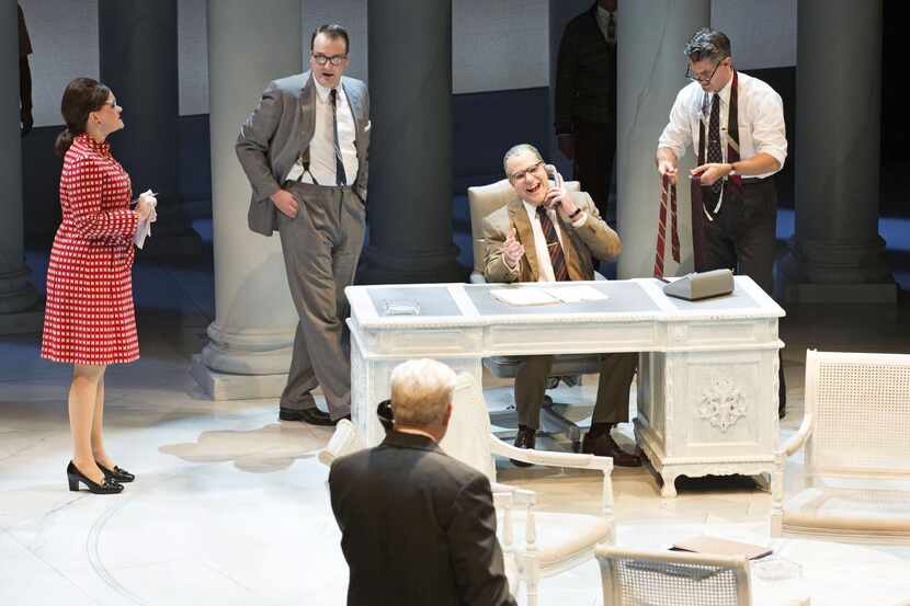 
The cast of All the Way includes (facing, left to right) Brooke Wilson as LBJ’s secretary;...