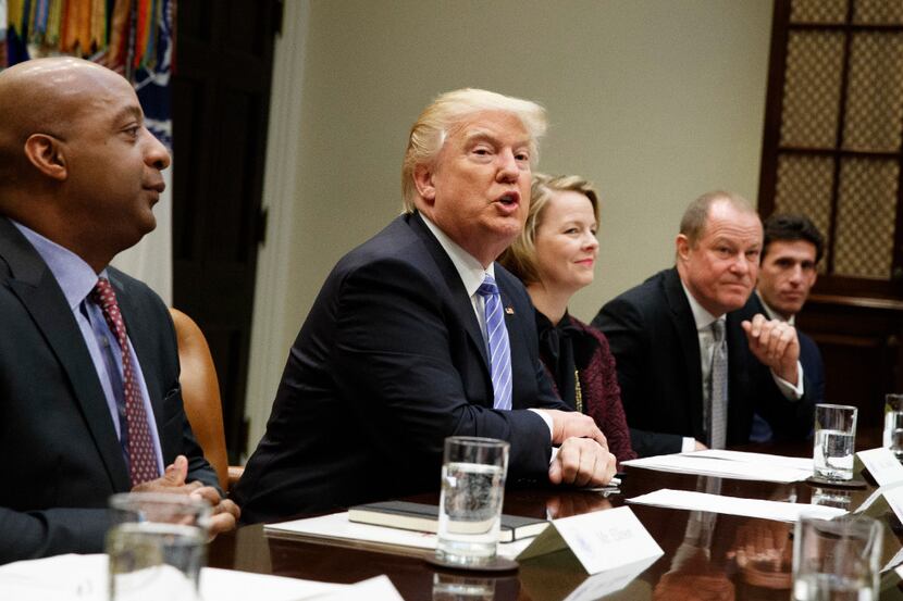 President Donald Trump speaks during a meeting with retail industry leaders in the Roosevelt...