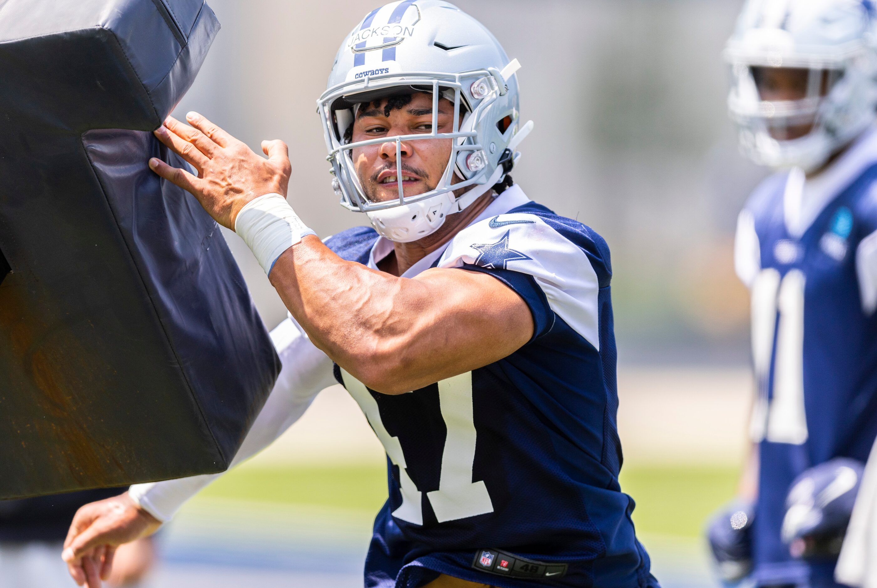 Dallas Cowboys linebacker Storey Jackson runs a drill during practice at The Star in Frisco,...