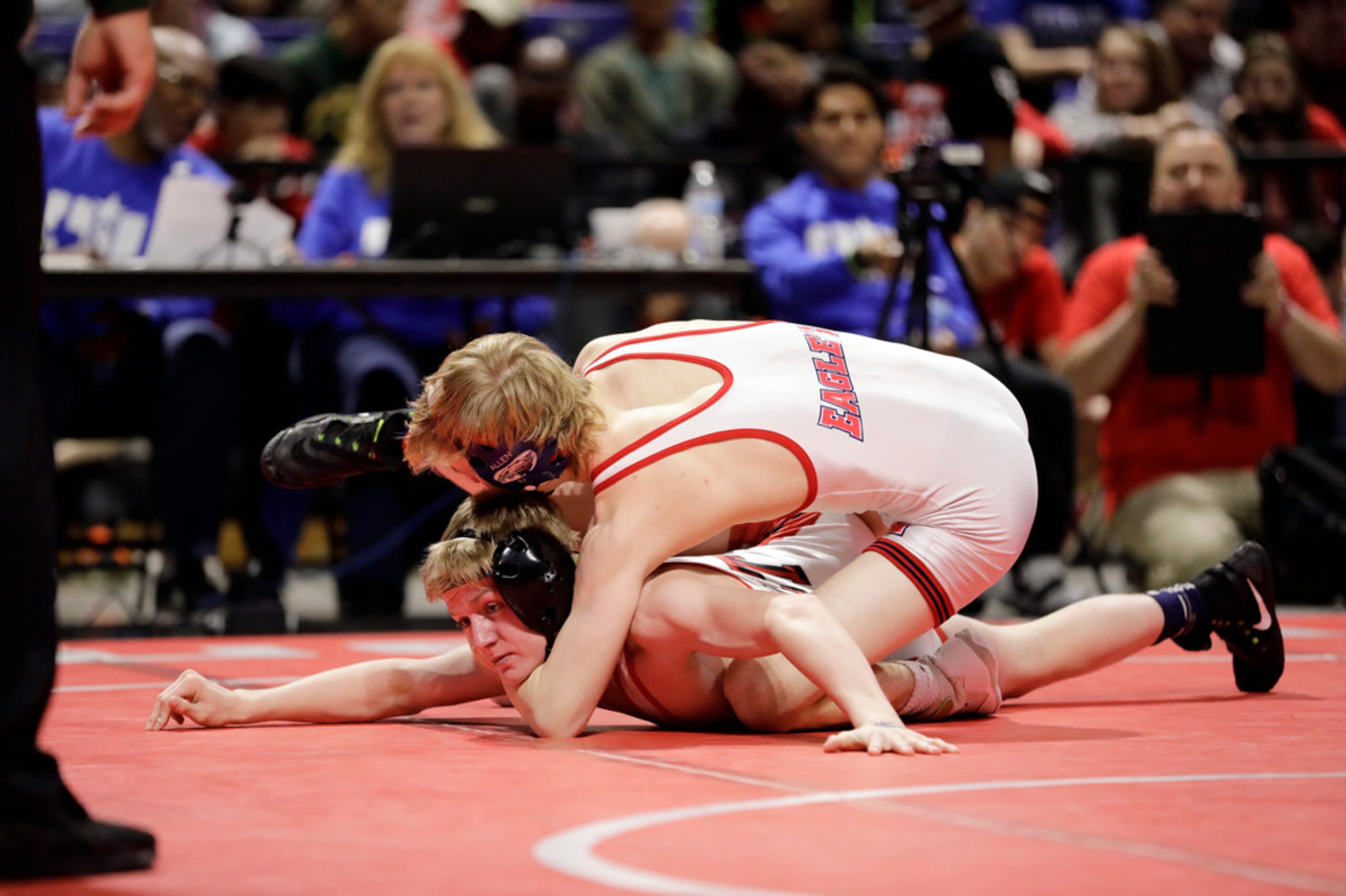 Braxton Brown of Allen wrestles during the UIL Texas State Wrestling Championships,...