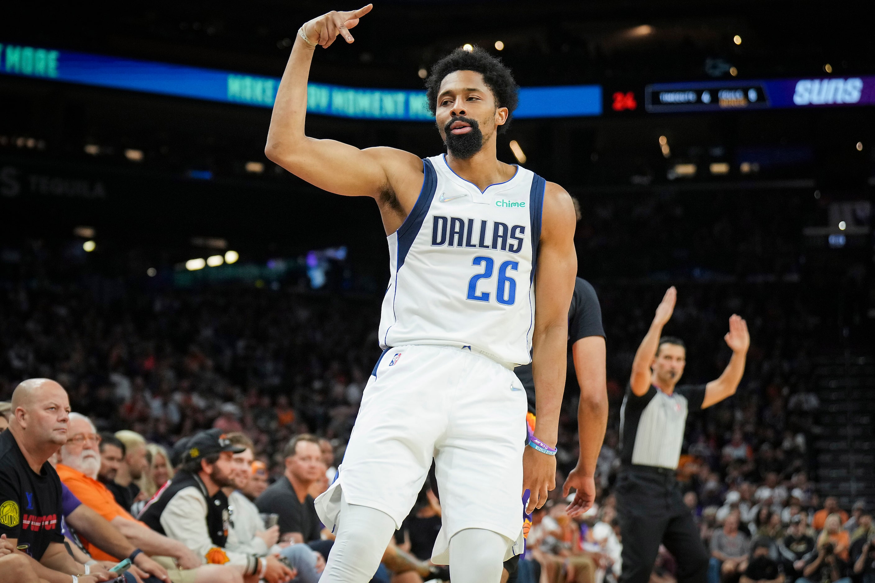 Dallas Mavericks guard Spencer Dinwiddie (26) celebrates after hitting a 3-pointer during...