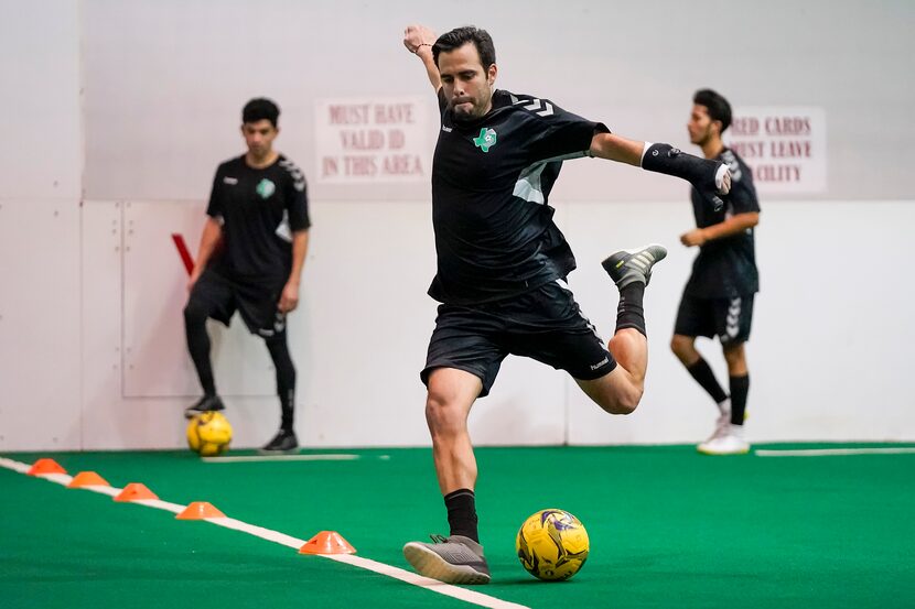 Dallas Sidekicks forward Victor Almendariz takes a shot during practice at Inwood Soccer...