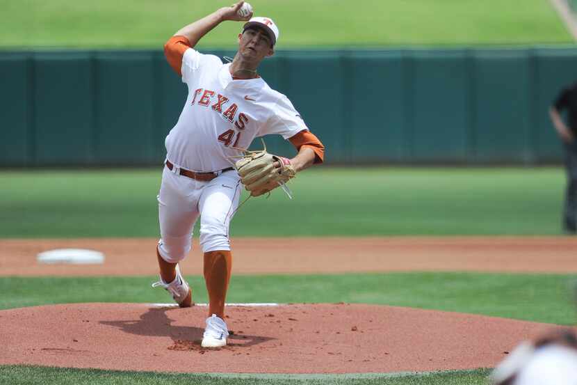 Texas' Morgan Cooper pitches the ball in the championship game in the Big 12 baseball...