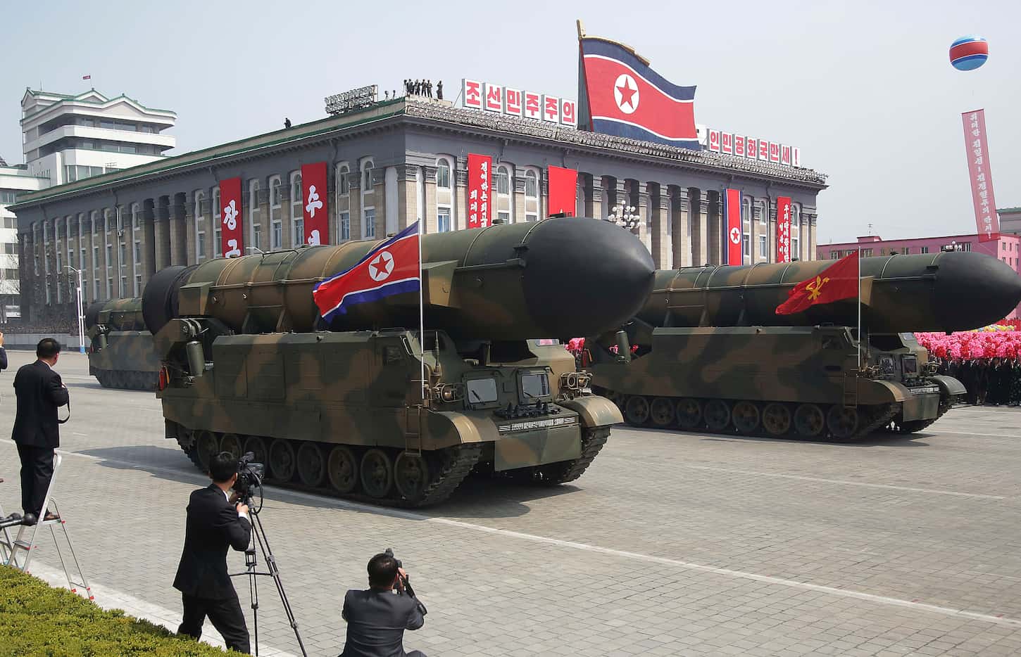 Missiles are paraded across Kim Il Sung Square during a military parade Saturday, April 15,...