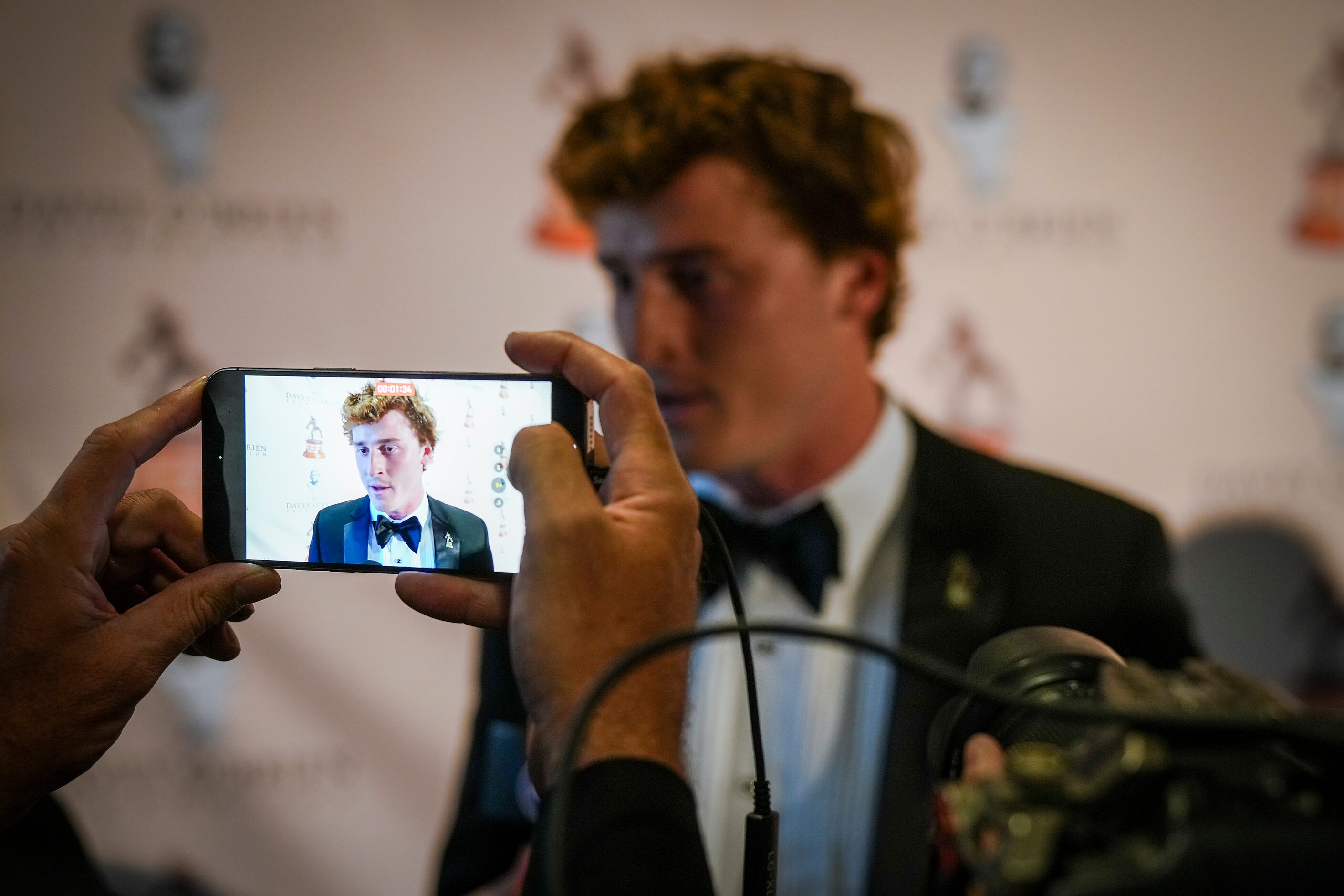 TCU quarterback Max Duggan speaks to reporters during a news conference for the Davey...