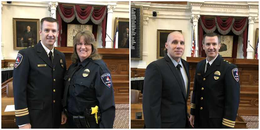 Arlington Police Chief Will Johnson posed with Officer Carla Strauser and with Cpl. William...