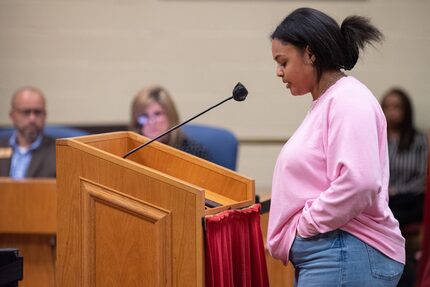 Sophomore Brynne Scott, 15, of J.J. Pearce High School, speaks about Superintendent Dr....