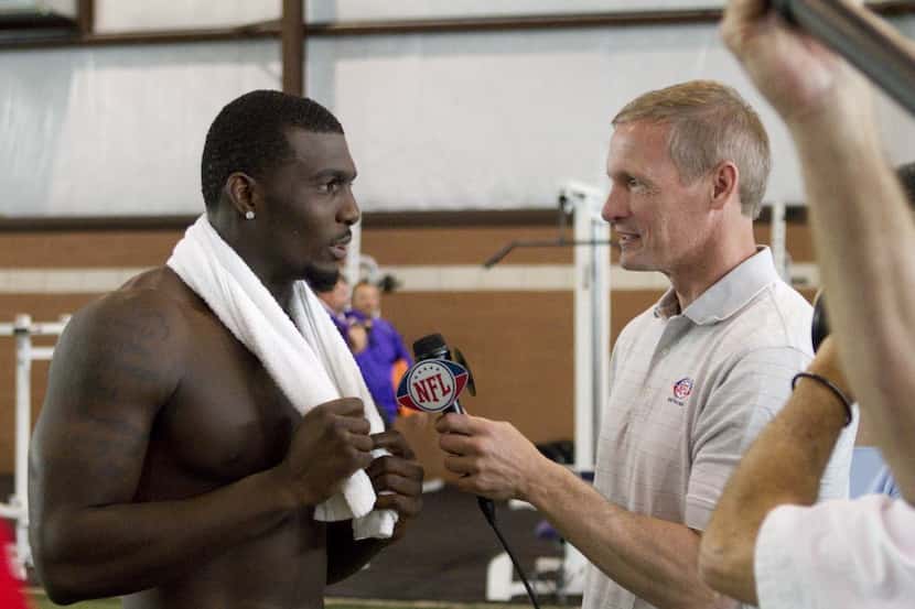 Oklahoma State's Dez Bryant talks with the NFL Network after working out for NFL scouts...