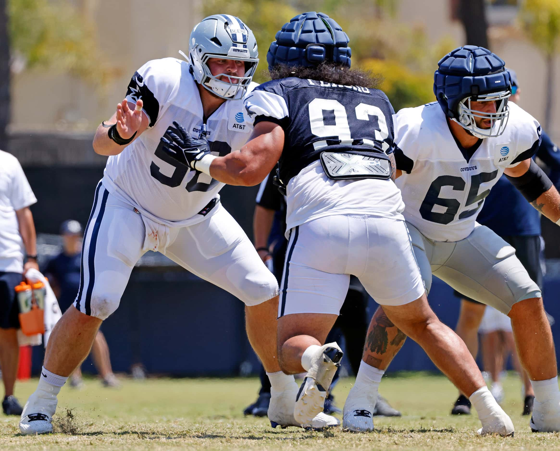 Dallas Cowboys rookie center Cooper Beebe (56) blocks defensive lineman Viliami Fehoko Jr....