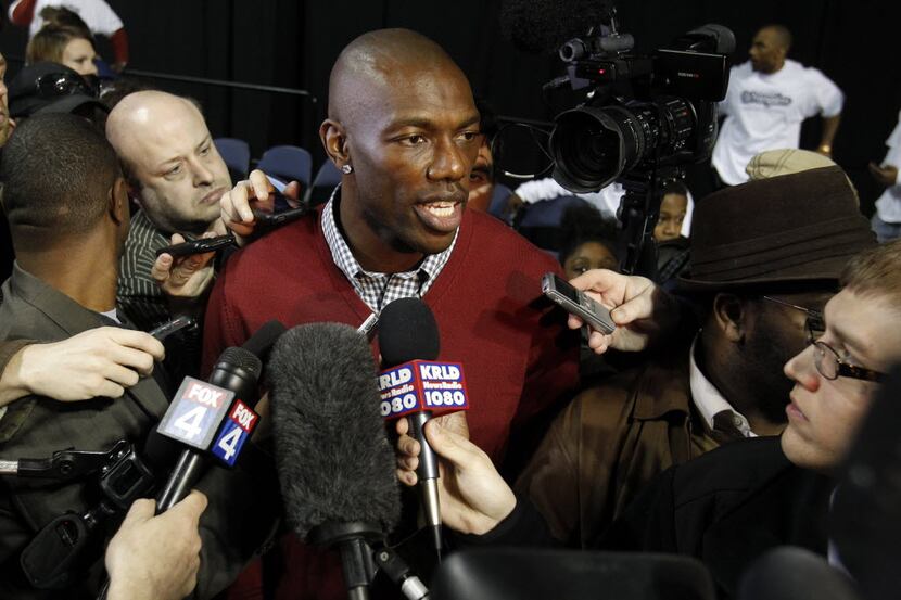 Terrell Owens answers questions from the media at Allen Events Center in Allen, on February...