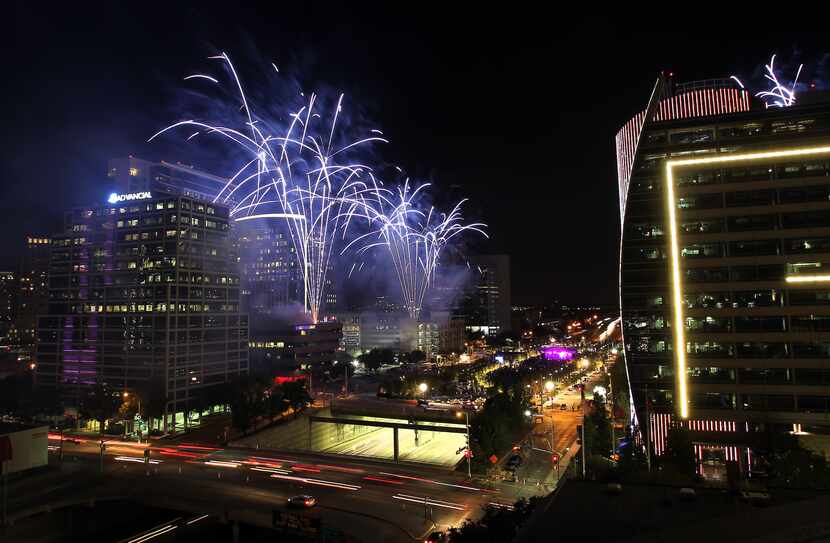 AND BLUES ... Fireworks presented by Oncor concluded the first night of the Grand Opening...