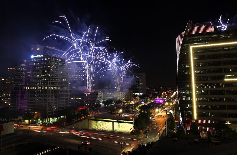 AND BLUES ... Fireworks presented by Oncor concluded the first night of the Grand Opening...