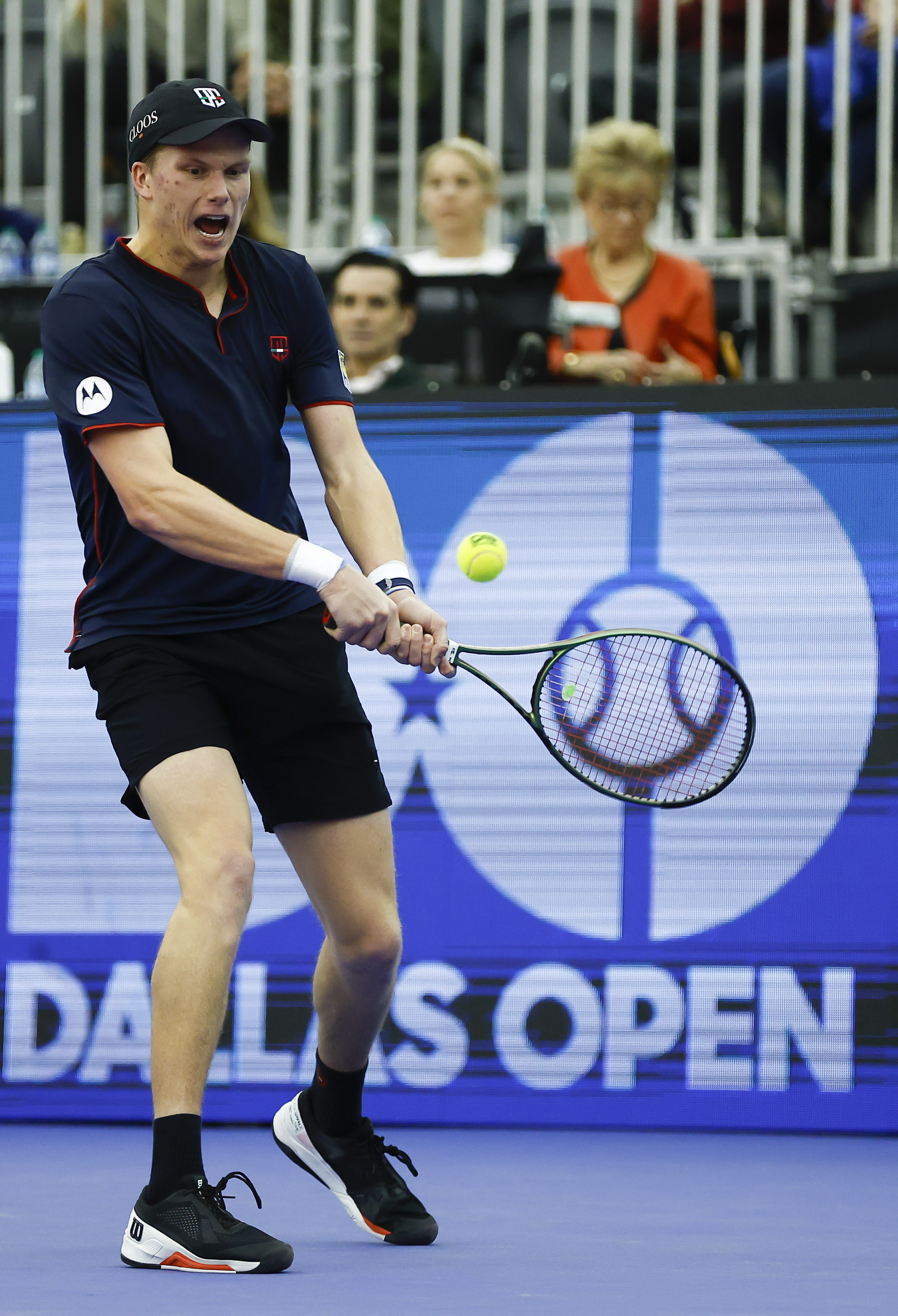 Jenson Brooksby returns the ball during the finals of the ATP Dallas Open against Reilly...