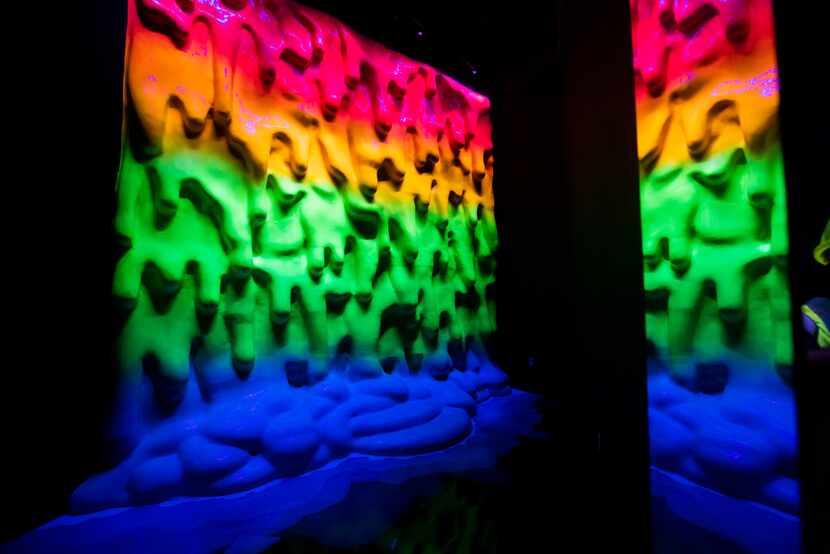 “Macrodose” seems to melt to the floor in a room by Dallas-based artist Dan Lam at Meow Wolf...
