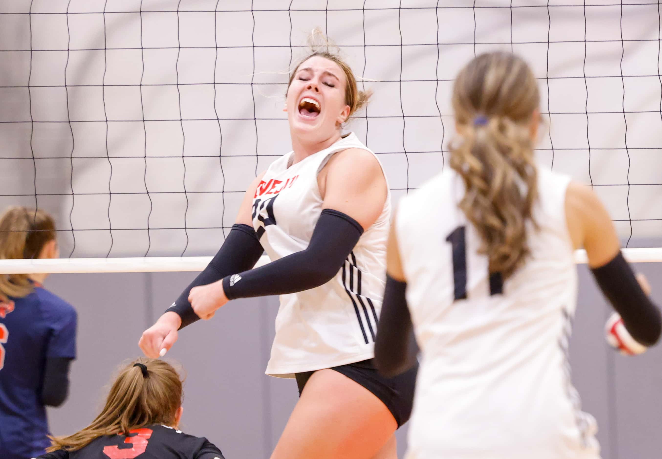Lovejoy Reagan Fitzsimmons (20) celebrates a point against McKinney North during a match in...