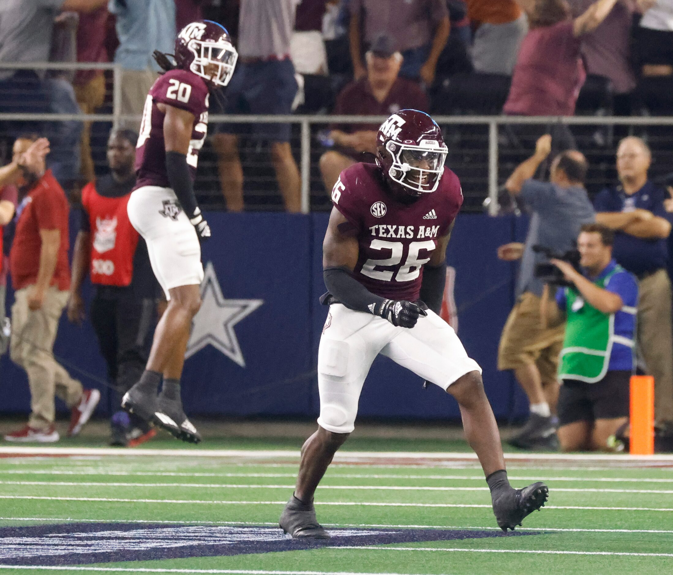 Texas A&M defensive back Demani Richardson (26) celebrates as Arkansas misses to score a...