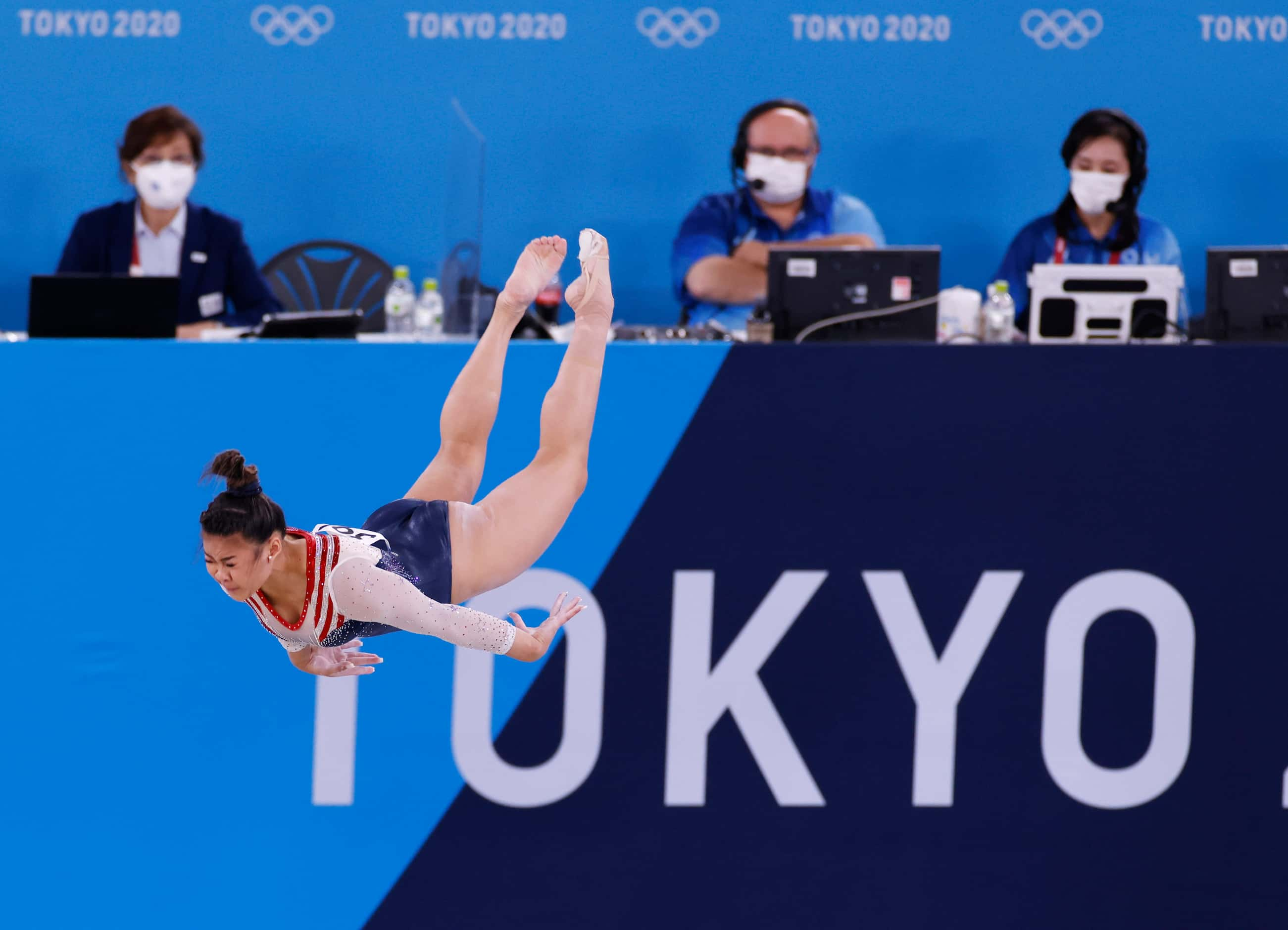 USA’s Sunisa Lee competes on the floor during the women’s all-around final at the postponed...