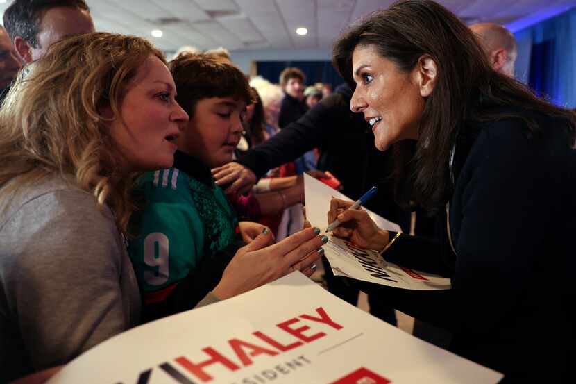 Republican presidential candidate Nikki Haley greets supporters at a campaign event in...