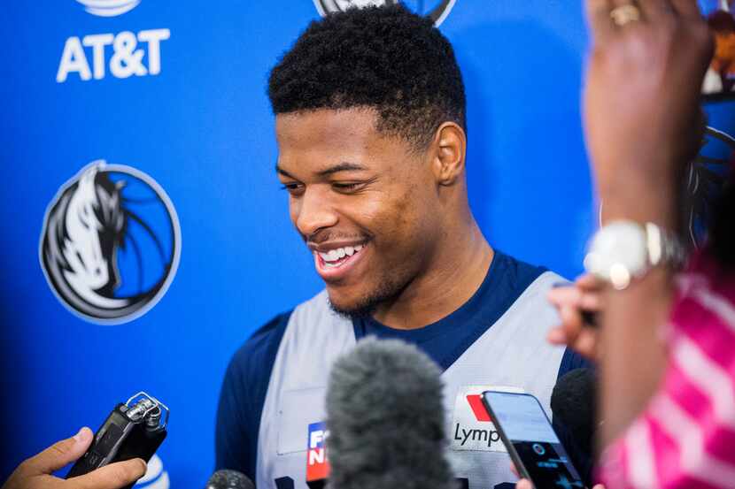 Guard Dennis Smith, Jr. (1) talks to reporters during a Dallas Mavericks NBA Summer League...