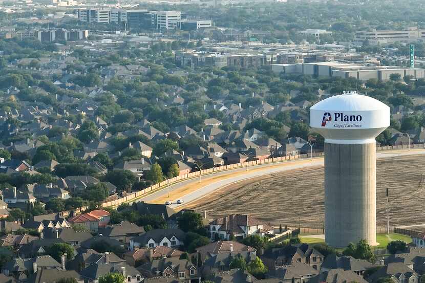 Aerial view of a Plano water tower on Windhaven Parkway near Parkwood Boulevard and Spring...