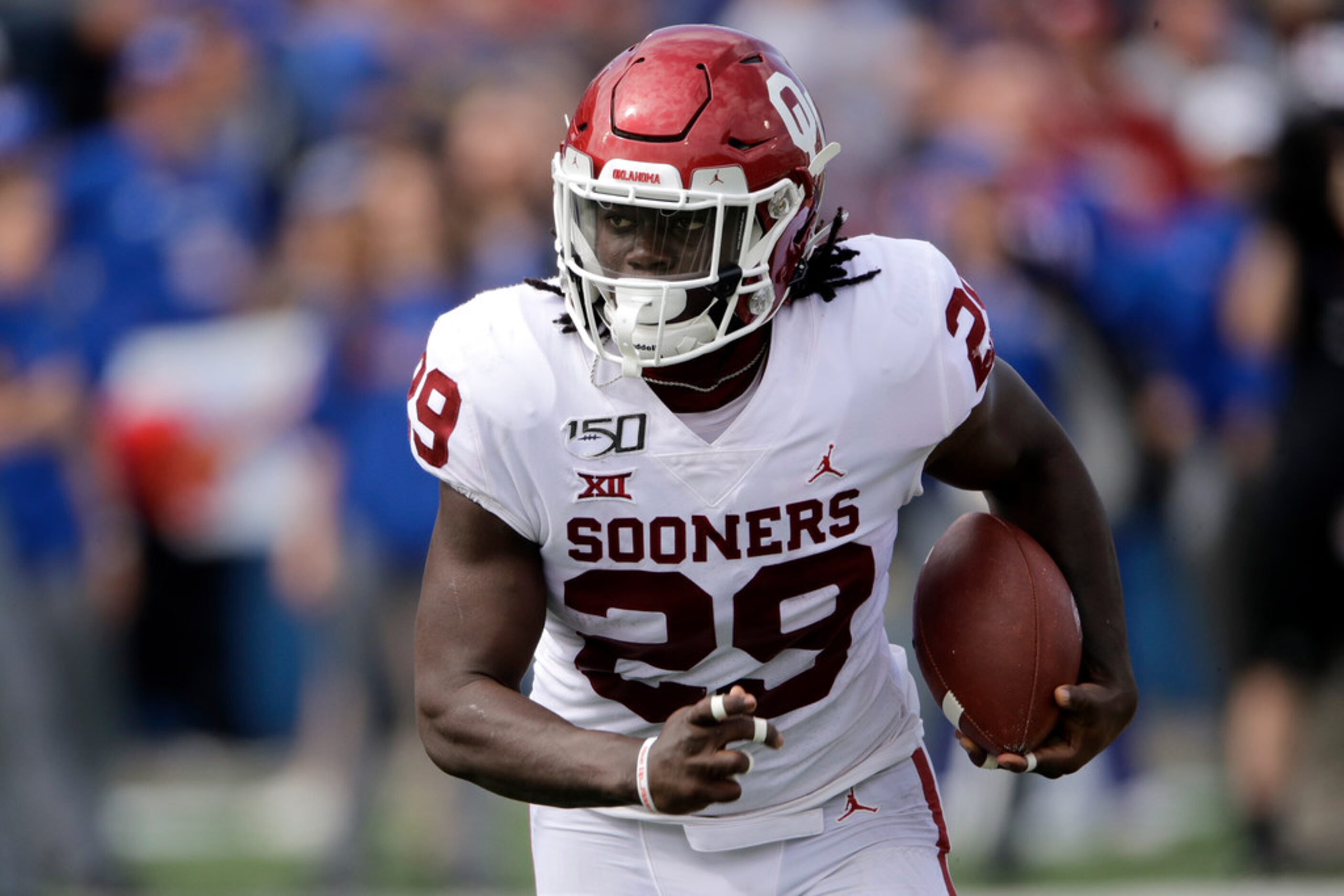 Oklahoma running back Rhamondre Stevenson runs for a touchdown during the second half of an...