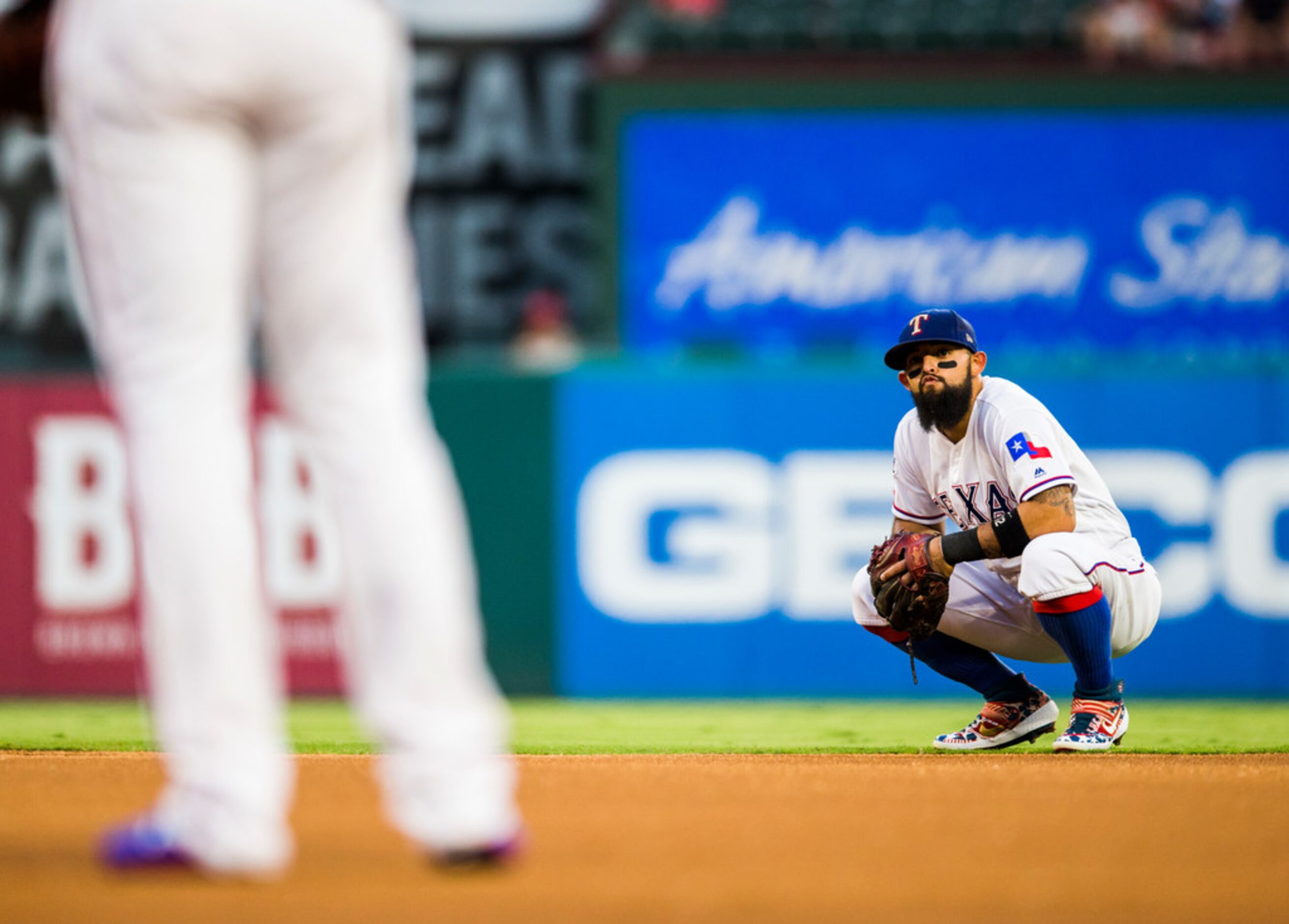 Texas Rangers second baseman Rougned Odor (12) makes a kissing face toward first baseman...