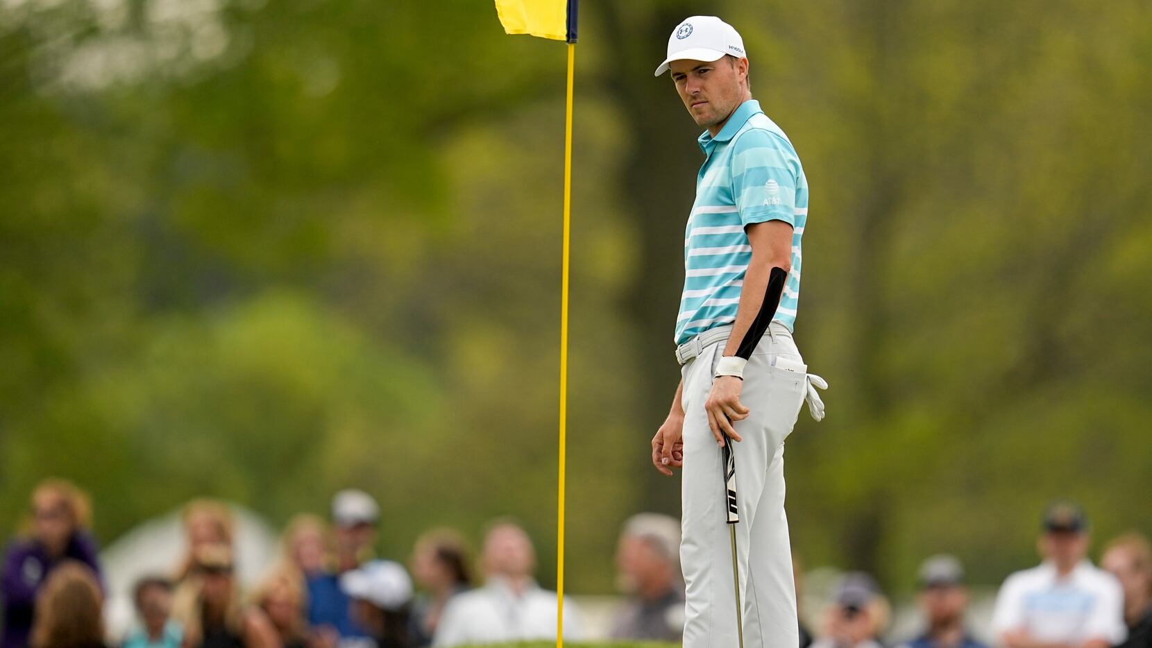 Jordan Spieth watches his putt on the 15th hole during a practice around for the PGA...
