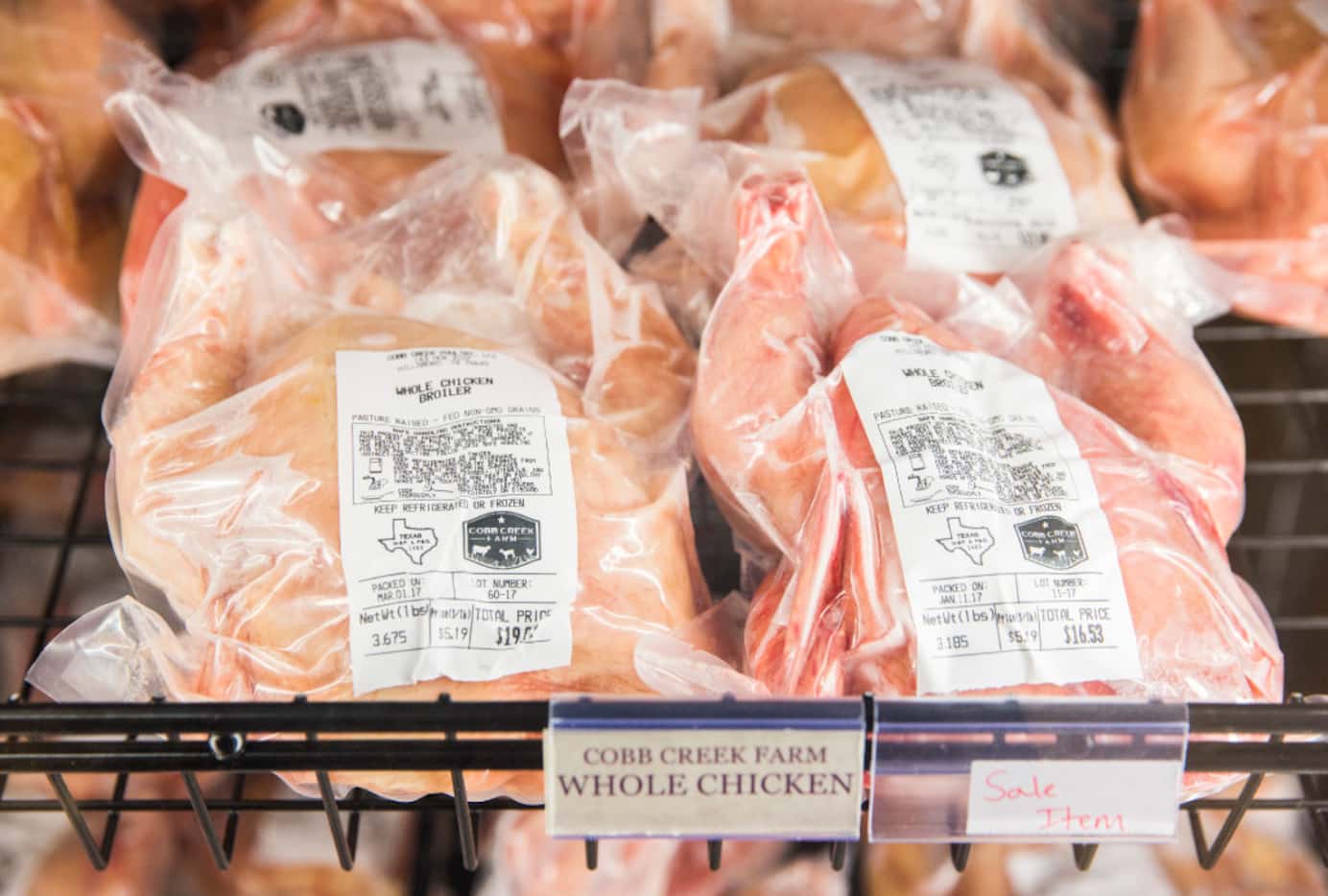 Cobb Creek Farm whole chickens are for sale at Burgundy's Local Grass Fed Meat Market.