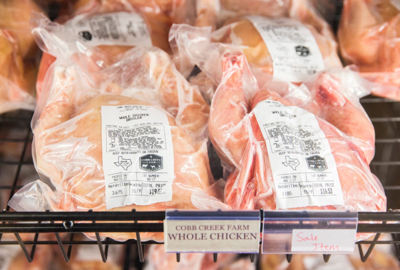 Cobb Creek Farm whole chickens are for sale at Burgundy's Local Grass Fed Meat Market.