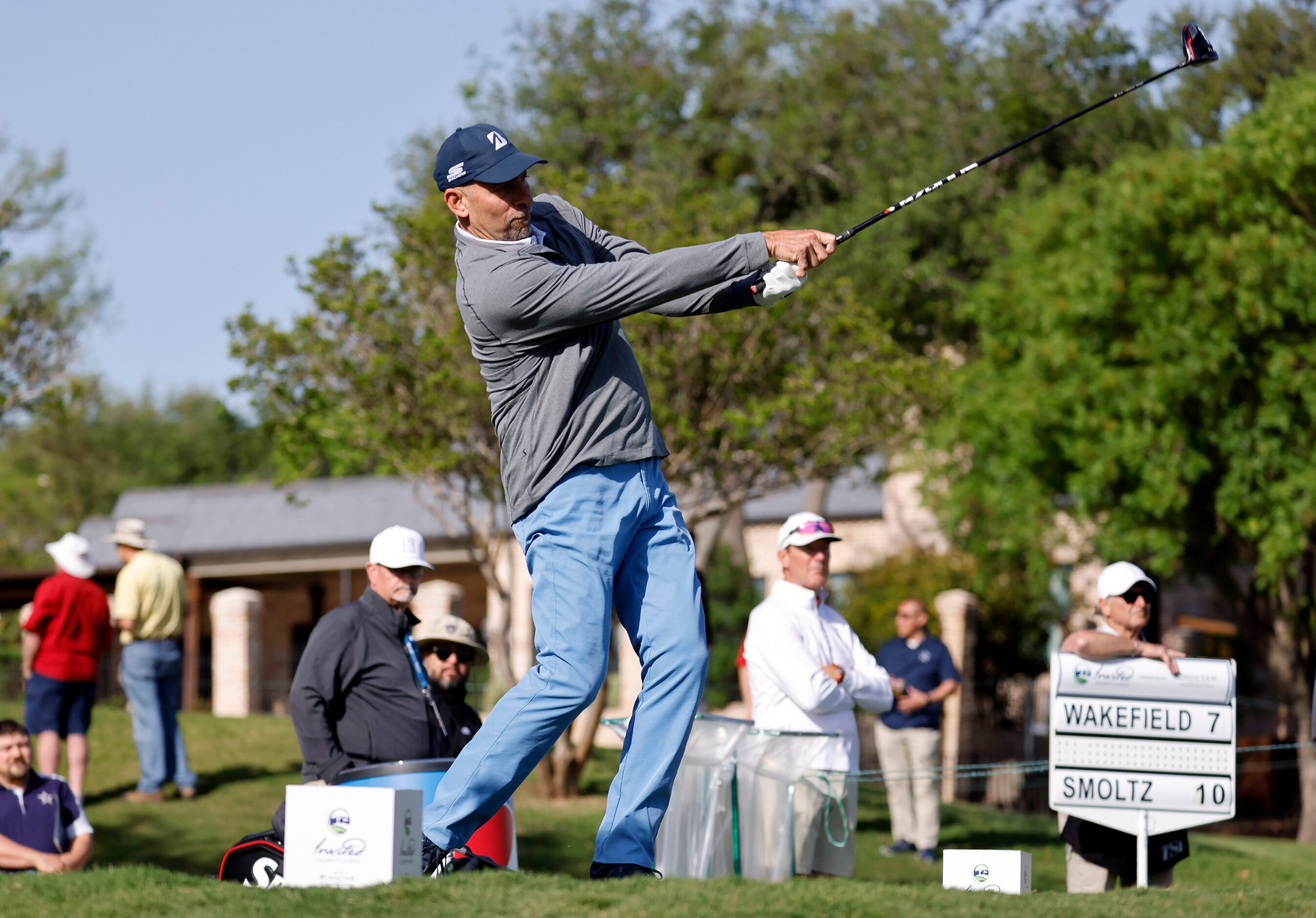 Former professional baseball player John Smoltz tees off on No. 15 during the Invited...