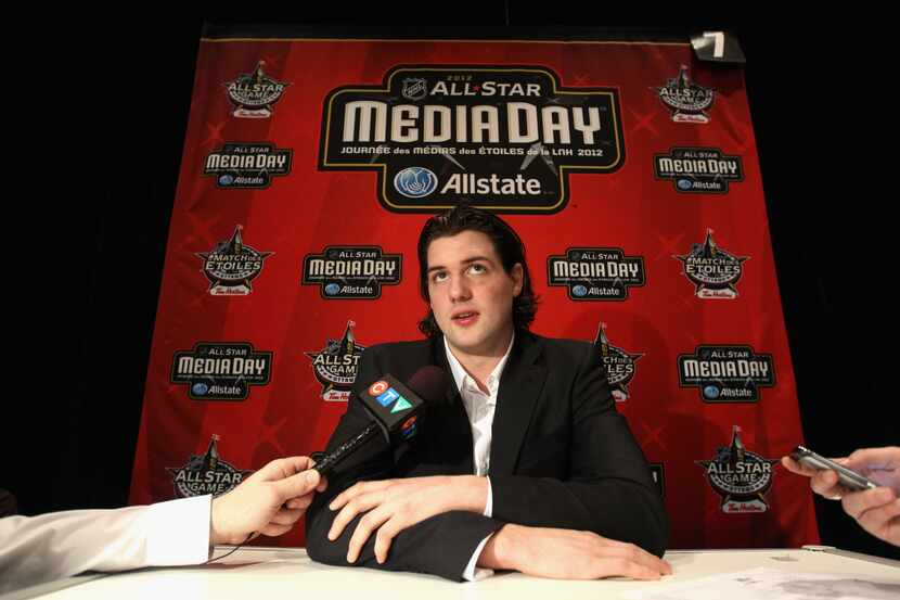Dallas' Jamie Benn speaks with the media during the 2012 NHL All-Star Game Player Media...