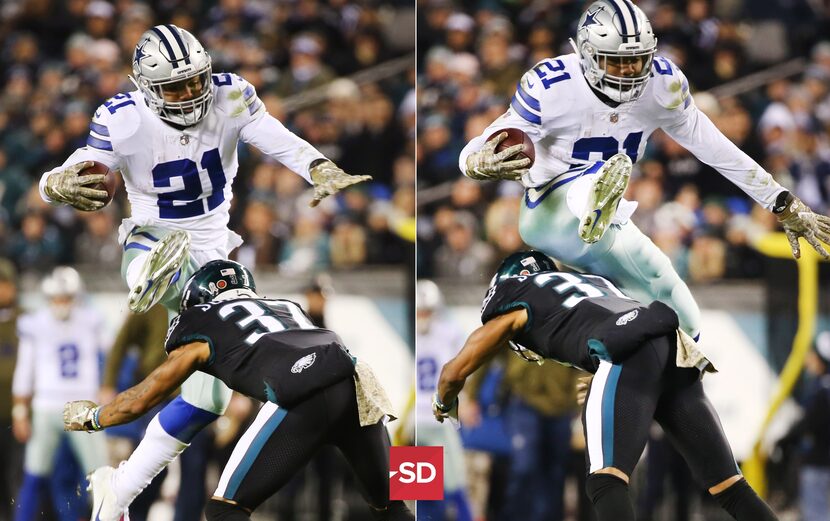 Dallas Cowboys running back Ezekiel Elliott (21) leaps over Philadelphia Eagles defensive...