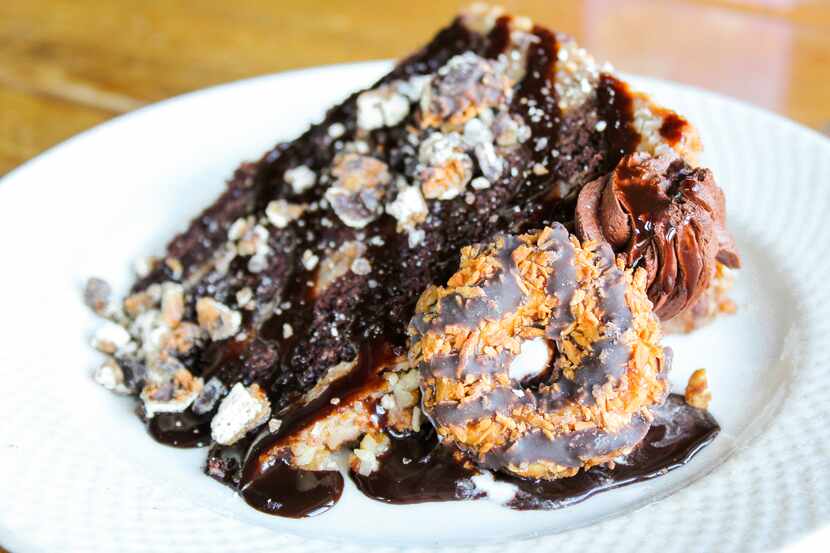 German Chocolate Cake is made with Samoas at Biergarten at the Omni Dallas. 