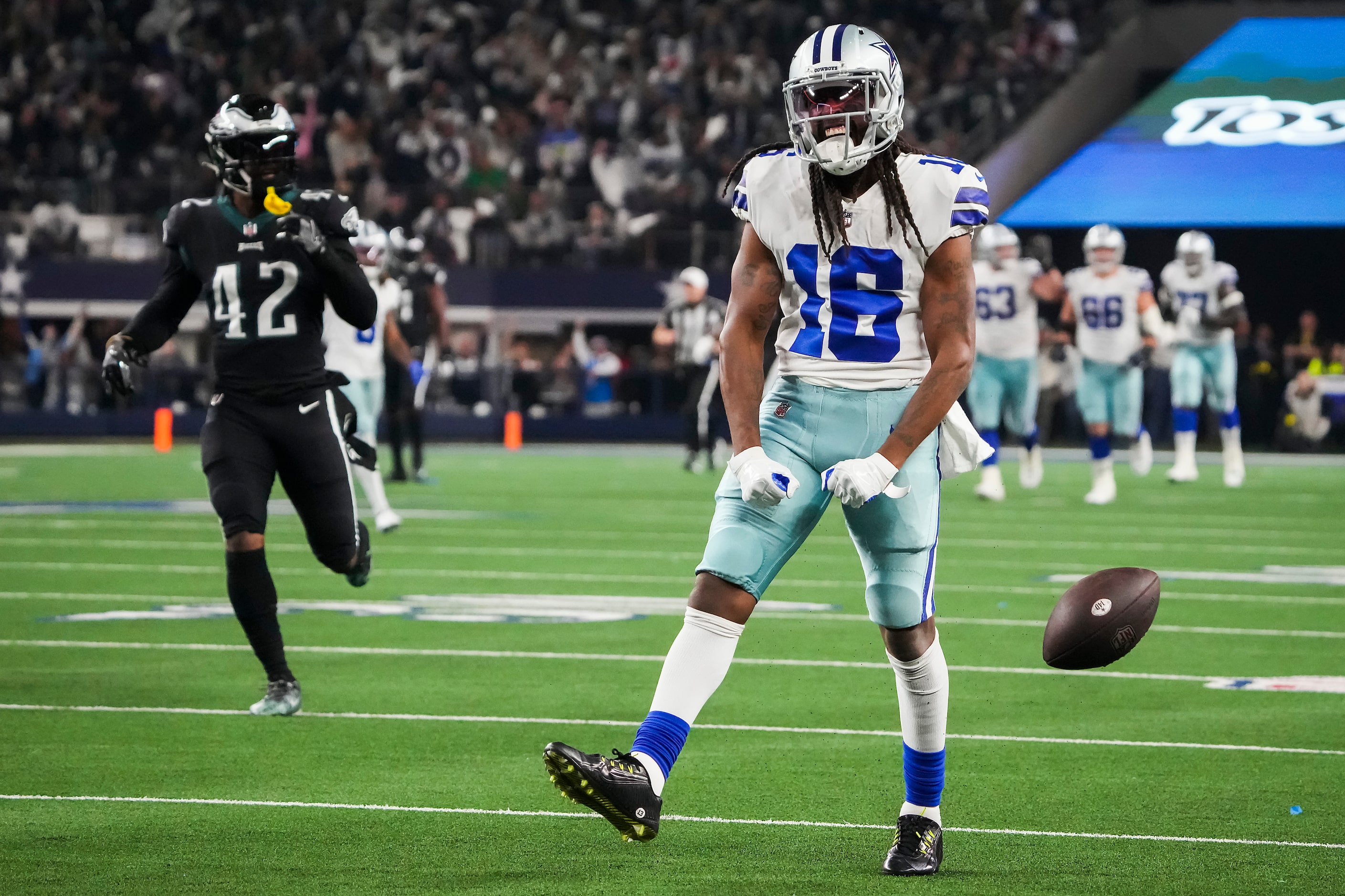 Dallas Cowboys wide receiver T.Y. Hilton (16) celebrates after he hauled in a 52-yard pass...