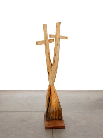  "Falling Steeple with Double Cross" by James Surls is part of an exhibition at Kirk Hopper...