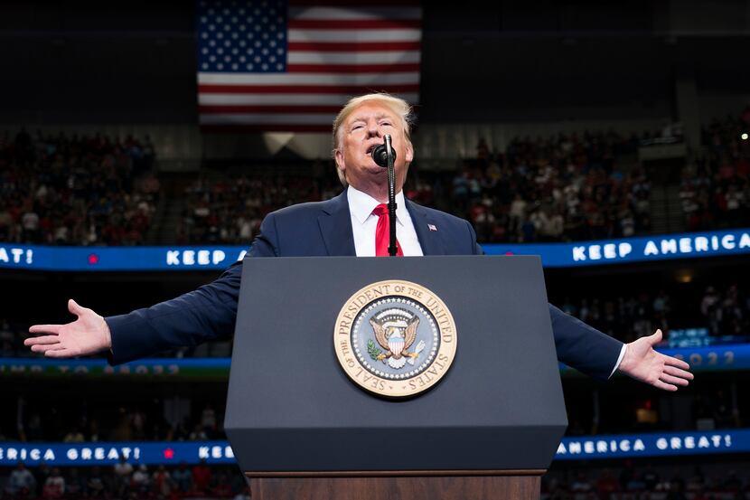 President Donald Trump speaks during a  campaign rally at the American Airlines Center on...