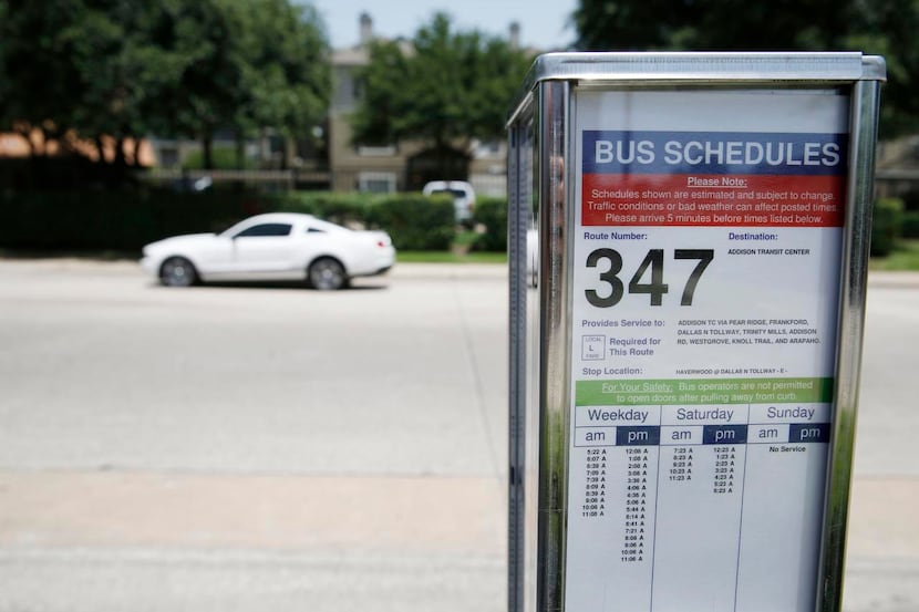 
A schedule is on display along the DART 347 bus route at Haverwood Lane near Dallas Parkway.
