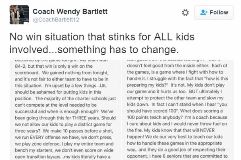 A screengrab of Carrollton Ranchview girls coach Wendy Bartlett's tweet after her team beat...