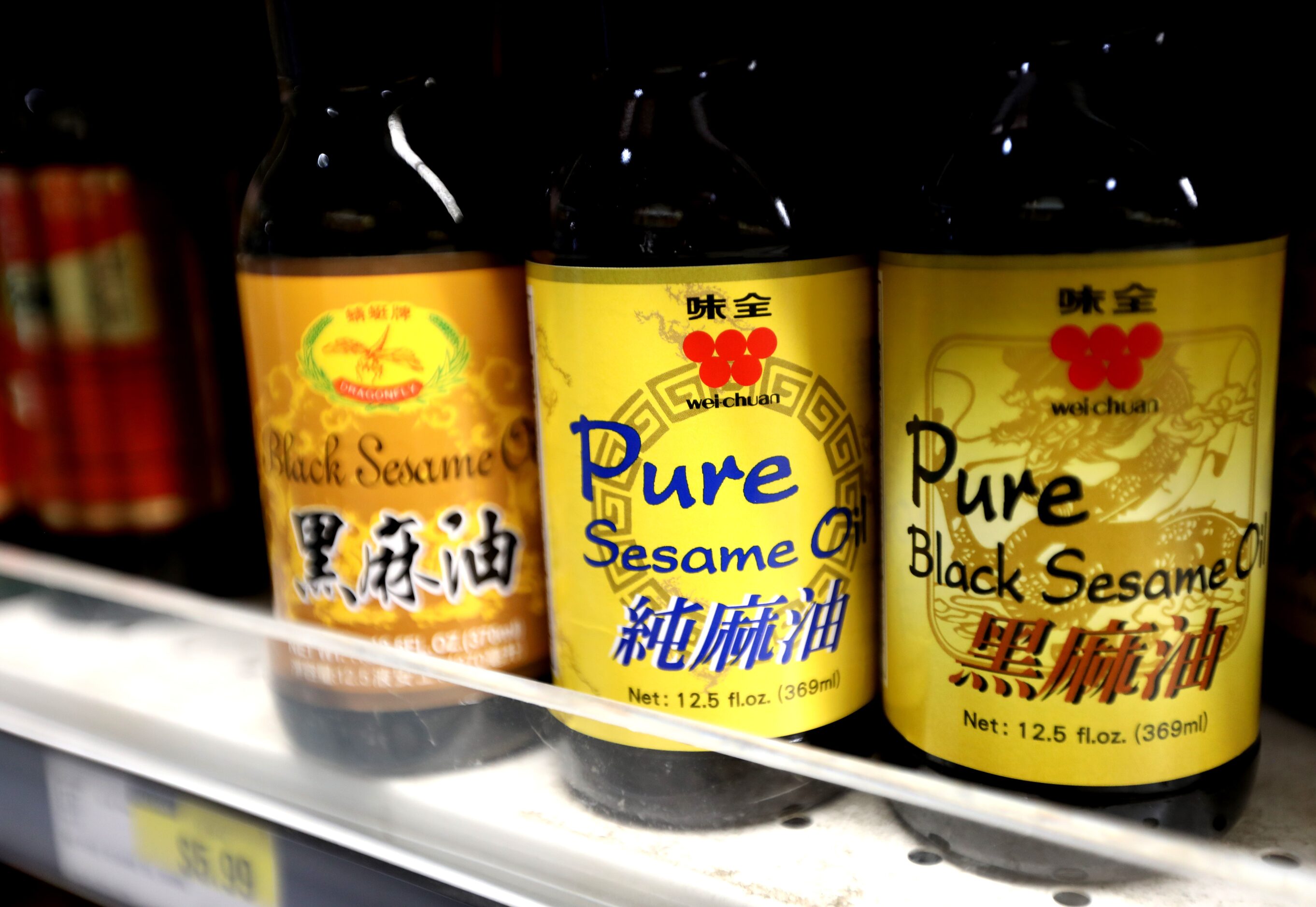 The sesame oil aisle at H Mart in Carrollton, Texas. 