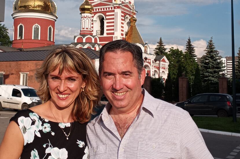 The author, Irina Rodriguez, poses with her husband in Kharkiv, Ukraine, where she grew up.
