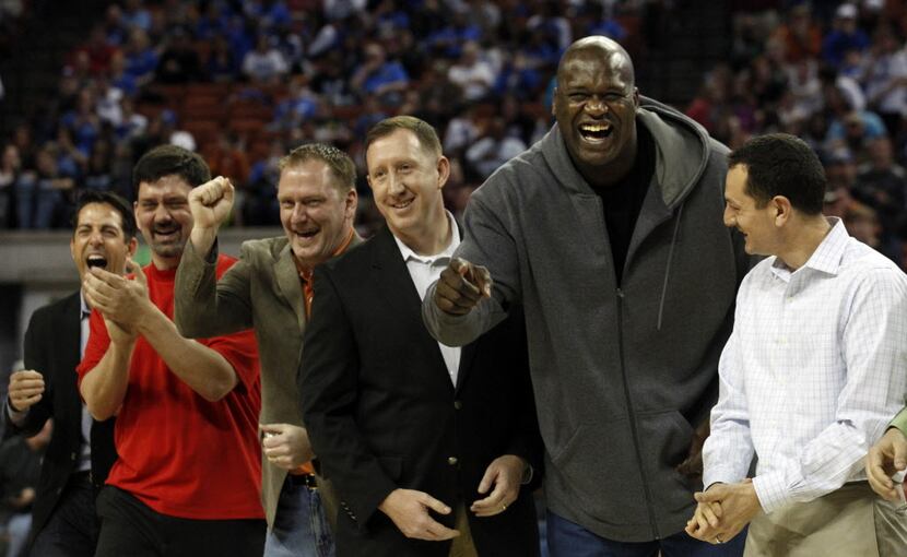 Shaquille 0'Neal, second from right,  laughs with teammates as  he and the 1989 San Antonio...