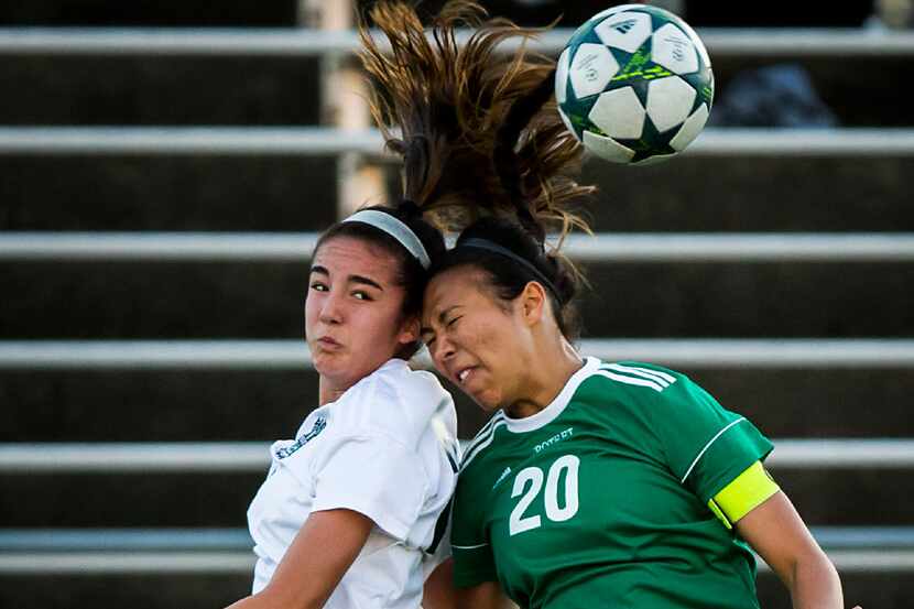 Prosper forward Diana Ordonez (26) fights for a header with Mesquite Poteet's Gabbrielle...