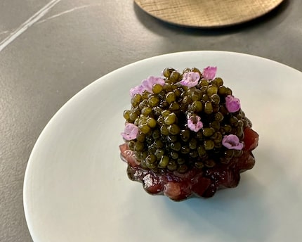 The tuna and caviar tartlet at Jordnær, a 3-star Michelin restaurant in Denmark, is a...