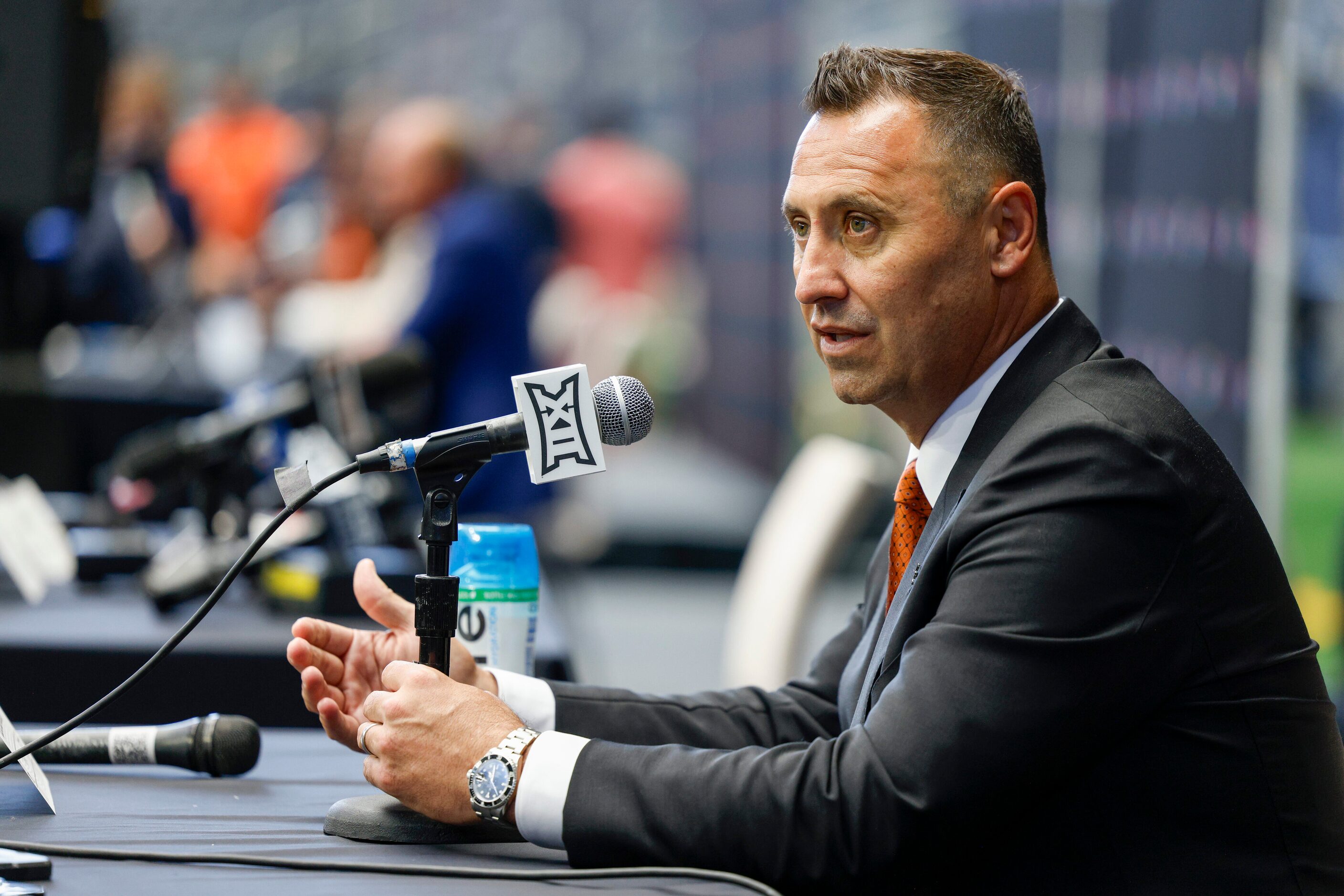 Texas head coach Steve Sarkisian speaks during the Big 12 Media Days at AT&T Stadium,...